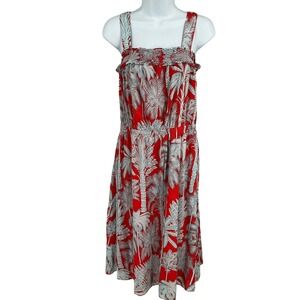 Talbots Sundress Womens 10P Red Cotton Tropical Palm Tree Smocked Coastal Resort